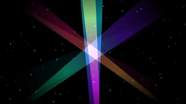 Abstract light beams intersecting in dark space with subtle particles during ethereal transition