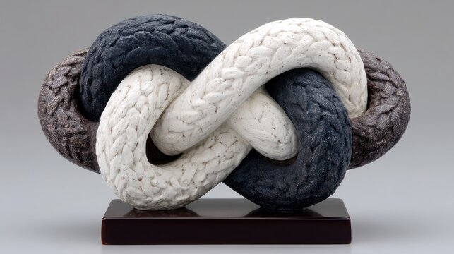 Interlocking sculptural knot of blue, white, and brown, atop a wooden base, on a gradient gray backdrop
