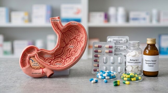 Digestive System Anatomy Model with Antacid Medication and Pills on Pharmacy Shelf Background