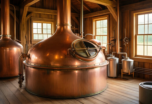 Craft distillery production, copper stills for whiskey and spirits manufacturing in a rustic wooden workshop with traditional brewing equipment