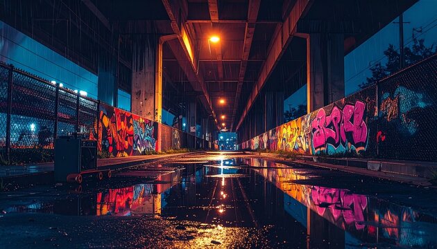 Wet underpass at night lined with graffiti walls and orange street lights reflected in puddles