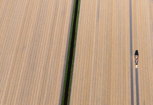 Aerial view of a tractor working in a large, flat, striped agricultural field with a narrow irrigation ditch running through the center in The Netherlands.