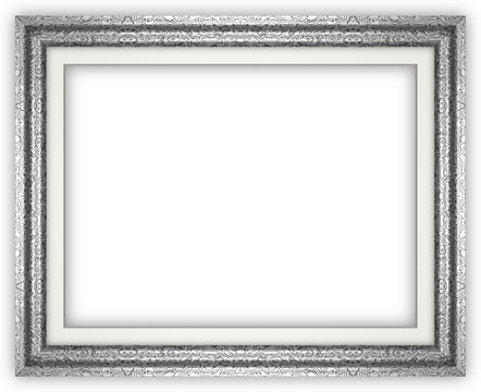 Ornate silver picture frame with a white mat and shadow, presenting a transparent background