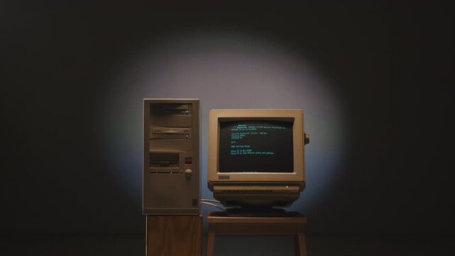 Retro computer with code on screen, vintage desktop pc with crt monitor showing programming text, old 90s computer in dark room, coding and ai concept