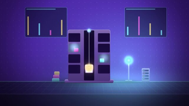 Service lift delivering crates AI agent workflow full scene
