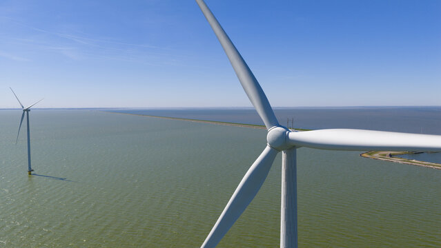 Aerial view of Windpark Fryslan nearshore wind farm in the IJsselmeer