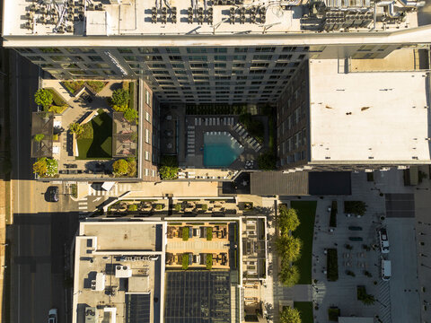 Bird's-eye view of luxury apartments and modern office buildings in the North Hills development in Raleigh, North Carolina