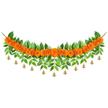 Traditional Indian Diwali Toran with Marigold Flowers Mango Leaves and Golden Bells