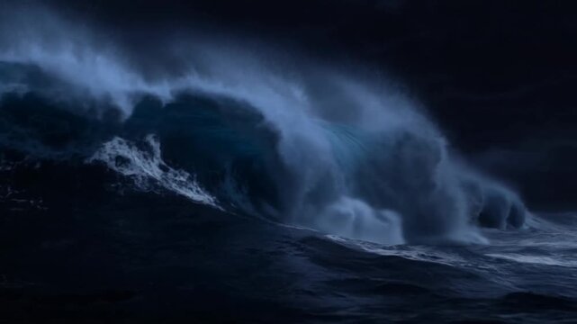 Powerful ocean wave rises and crashes beneath lightning in a dark nighttime storm
