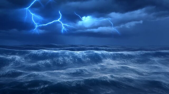 Rough ocean waves roll beneath dark storm clouds in a turbulent open sea