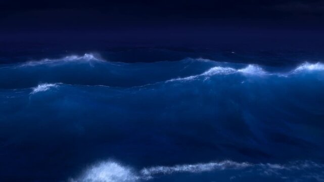 Ocean waves roll as lightning flashes over the open sea during a dark storm