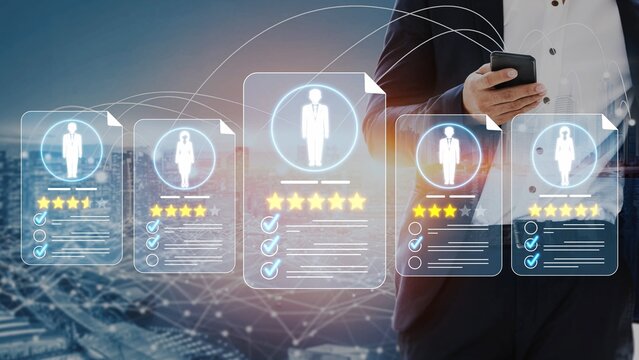 Professional Man Using Smartphone to Review Digital Employee Profiles with Ratings and Evaluations in Urban Background During Daytime Sigmoid