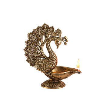 Ornate Golden Brass Peacock Diya Oil Lamp with Traditional Sculpted Details