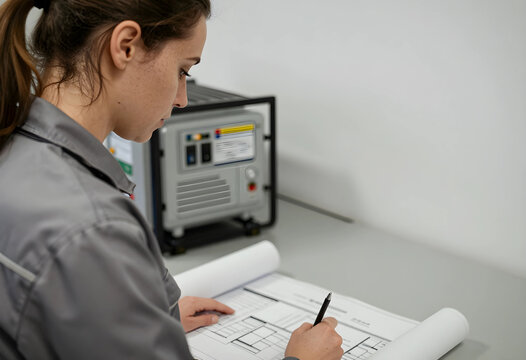 engineering project planning, female engineer reviewing technical blueprints and electrical equipment in a laboratory or industrial workshop environment