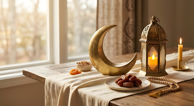 Ramadan Kareem festive table setting with a golden crescent moon sculpture, decorative Moroccan lantern, prayer beads, and sweet dates for Iftar celebration near a bright window.
