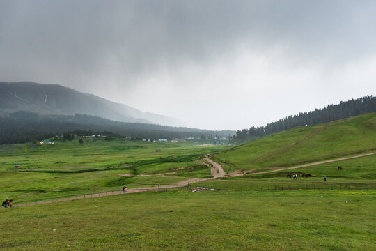 Aerial view of the lush green meadows of Gulmarg, featuring rolling hills, dirt paths, and distant mountains under a dramatic overcast sky in Srinagar, Jammu Kashmir, India.