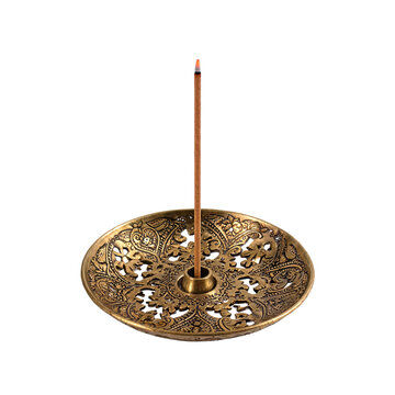  Antique Brass Indian Incense Holder with Decorative Floral Perforations and Incense Stick