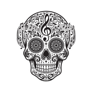 A detailed black and white illustration of a sugar skull adorned with musical motifs, including treble clefs, notes, and staves