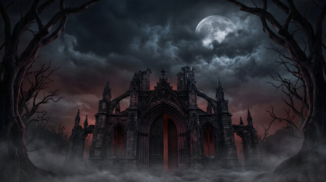 A chilling night unfolds as shadowy figures gather before an ominous foreboding castle