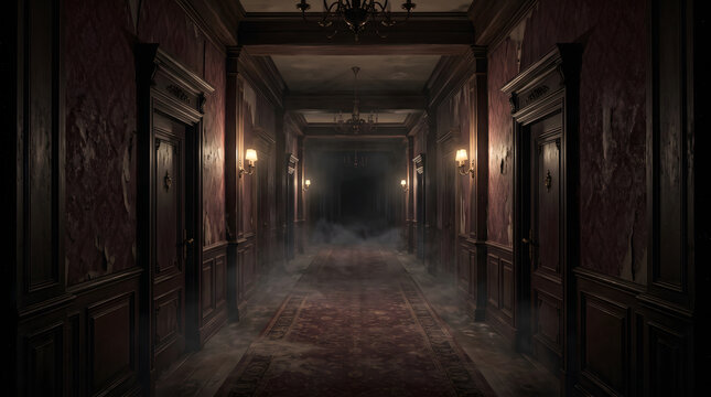 A chilling long hallway suggests a haunted mansion or asylum with a sinister unsettling atmosphere