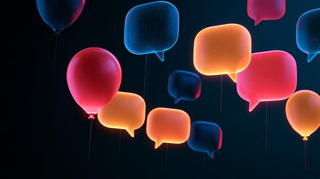 Glowing Colorful Speech Bubbles and Balloons Floating on Dark Background in 3D Style for Social Media Communication, Celebration, and Customer Feedback Concept