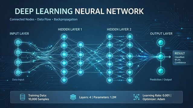 Deep learning neural network diagram showing input hidden and output layers with connected glowing nodes and data flow