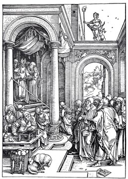 Picture cycle From the Life of the Virgin, depiction of the Virgin in the Temple, woodcut by Albrecht D&uuml;rer, historical, digital improved reproduction of an old woodcut