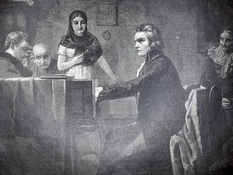 The creation of the Moonlight Sonata, Piano Sonata No. 14 op. 27 No. 2 in C-sharp minor by Ludwig van Beethoven, completed in 1801, illustration, reproduction from a model from the 19th century. Authentic, file restored for optimal use, exact date of original unknown, historical, scene with several people around a piano in a serious atmosphere