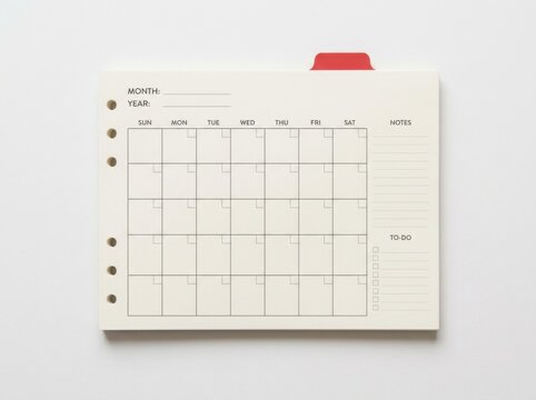 Blank monthly calendar page template with red tab isolated on white background