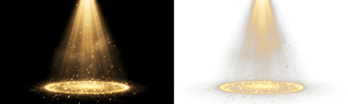 Golden stage spotlight with glowing particles and light rays isolated on transparent background