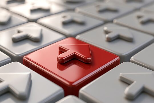 Alternate view of single red up arrow key among gray keys with balanced color and form