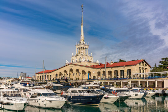 Sochi Marine Station and the marina next to it on a clear summer day.