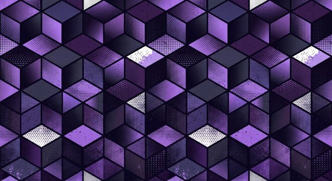 Cube Grid Geometric Seamless Pattern Trend Vector Purple Noir Abstract Background. Half Tone Art Illustration for Fashionable Textile. Endless Graphic Repetitive Abstraction