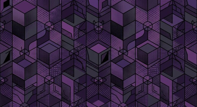 Cube Grid Geometric Seamless Pattern Trend Vector Purple Noir Abstract Background. Half Tone Art Illustration for Fashionable Textile. Endless Graphic Repetitive Abstraction