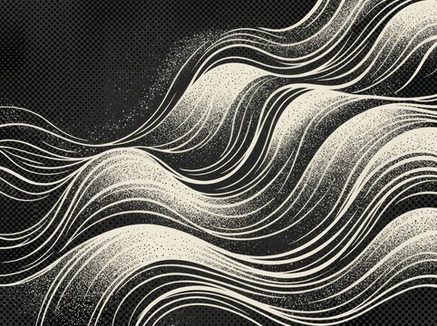 Curved wave texture with fine grain stipple gradient. Dusty halftone shading over monochrome backdrop. Vector illustration