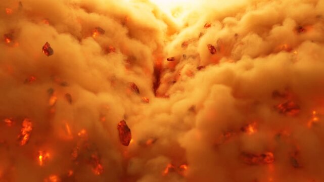 Volcanic eruption sends glowing rocks through dense orange ash clouds