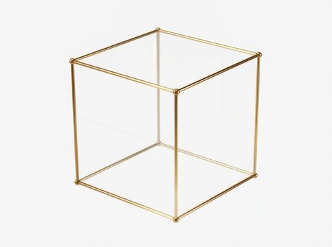 Empty glass cube display box with a thin gold metal frame for decoration