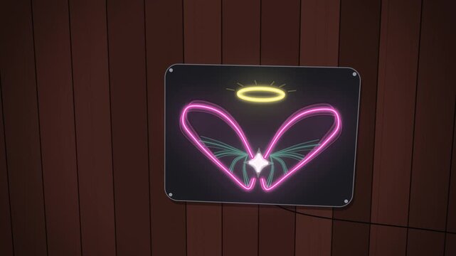 Neon christmas angel wings with halo sign flickering centered view
