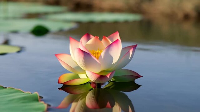 Closed lotus bud stands above its reflection in a pond with floating lily pads
