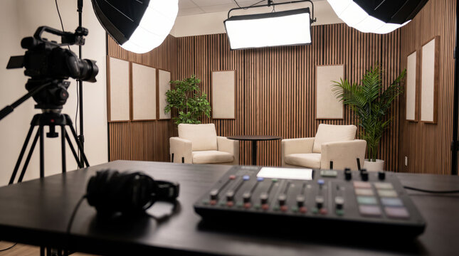 Equipped video podcast studio with cinema camera on tripod, audio mixer and cream armchairs