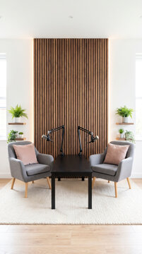 Symmetrical podcast set with gray armchairs, blush cushions and illuminated walnut slat wall