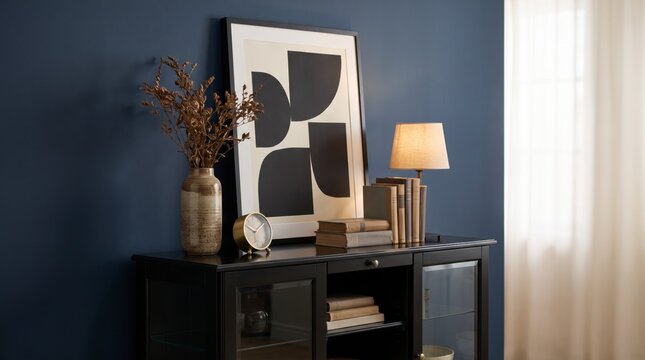 Elegant dark sideboard styled with abstract print, dried branches and lamp against navy wall