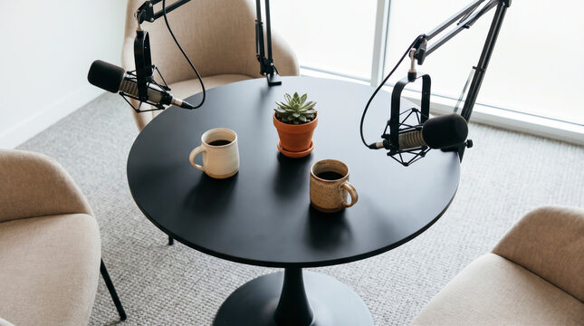 Intimate overhead view of podcast table with coffee mugs, succulent and boom arm microphones