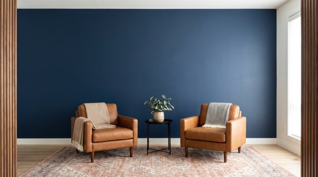 Spacious living room mockup with two leather armchairs, navy accent wall and copy space