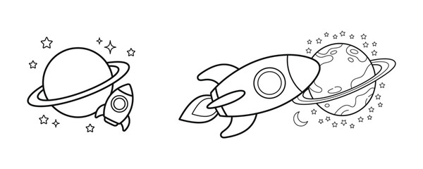 Saturn and rocket exploring planetary systems vector outline set © Anwara