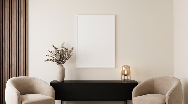 Neutral beige living room mockup with blank frame, black sideboard, boucle armchairs and eucalyptus