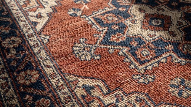 Intricate vintage oriental rug pattern in rust, navy and cream with woven wool texture detail