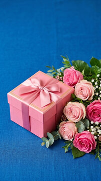 Elegant Pink Gift Box with Ribbon and Roses on a Blue Background Celebration Present Concept