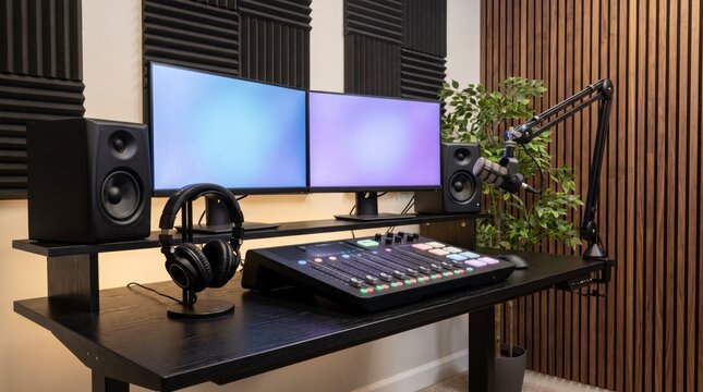 Organized podcast production desk with audio mixer, dual monitors, studio speakers and headphones