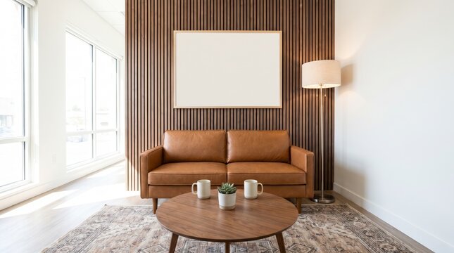 Airy lounge mockup with cognac leather sofa, round wood coffee table and blank frame on slat wall
